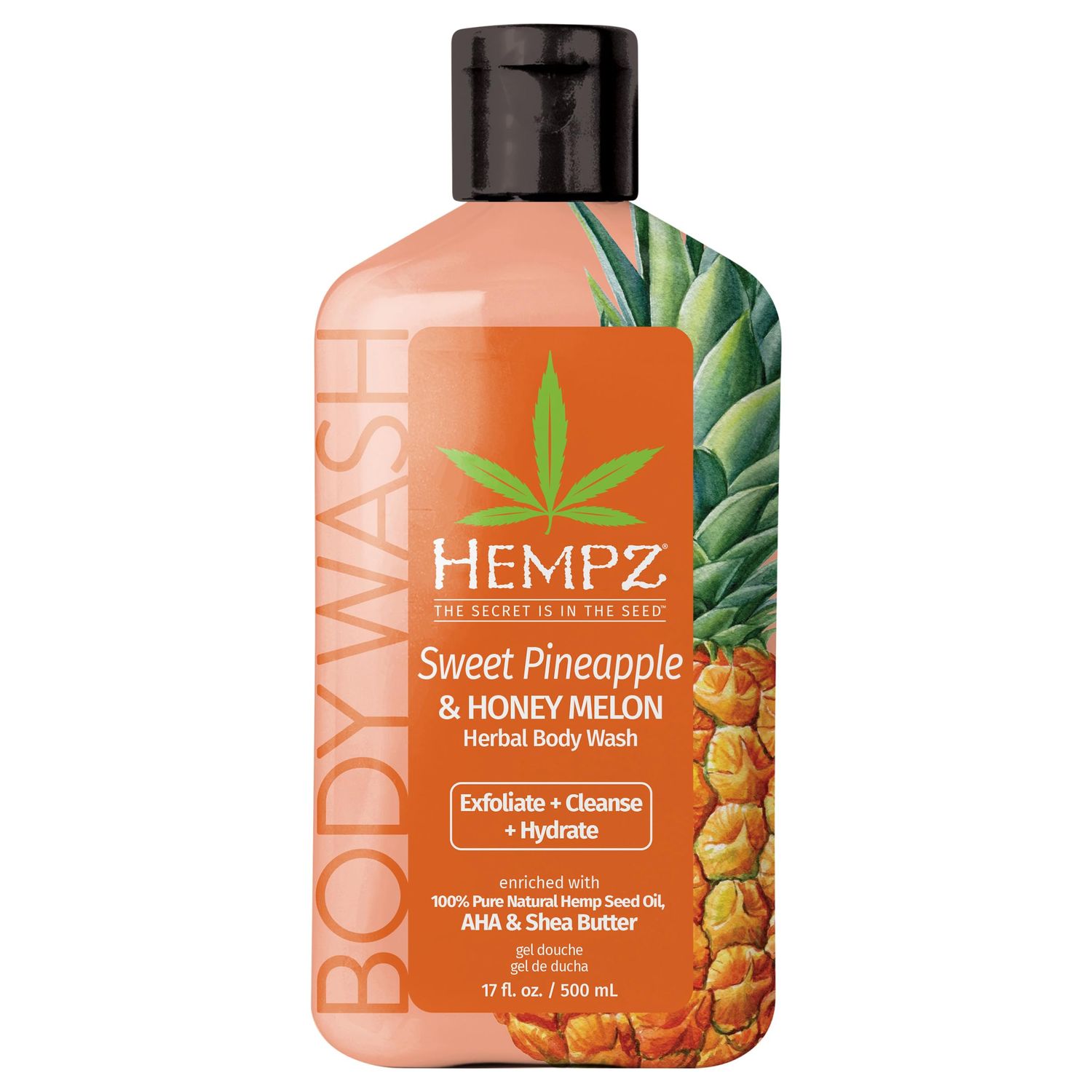Hempz Body Wash - Sweet Pineapple &amp; Honey Melon - Hydrating for Sensitive Skin, Scented, Exfoliating with Shea Butter, Pure Hemp Seed Oil, and Algae for Sensitive Skin - 17 fl oz