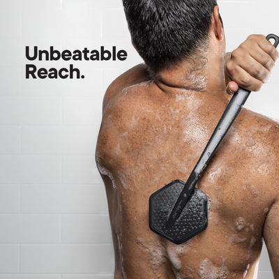 Tooletries - Silicone Back Scrubber with Hook - Exfoliating Shower Brush, Back Washer for Men, Durable Back Brush with Long Handle - Long Lasting Bath & Shower Accessories - Charcoal