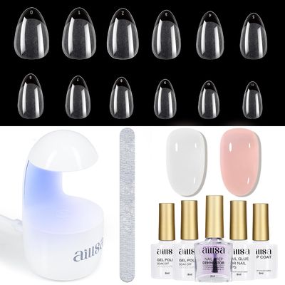 AILLSA Gel Nail Kit Short Almond Nail Tips 240pcs with 2 In 1 Nail Glue Base Coat and Nail Dehydrator, Soft Gel Full Nail Kit with Nail Lamp Top Coat for Starters Home Salon