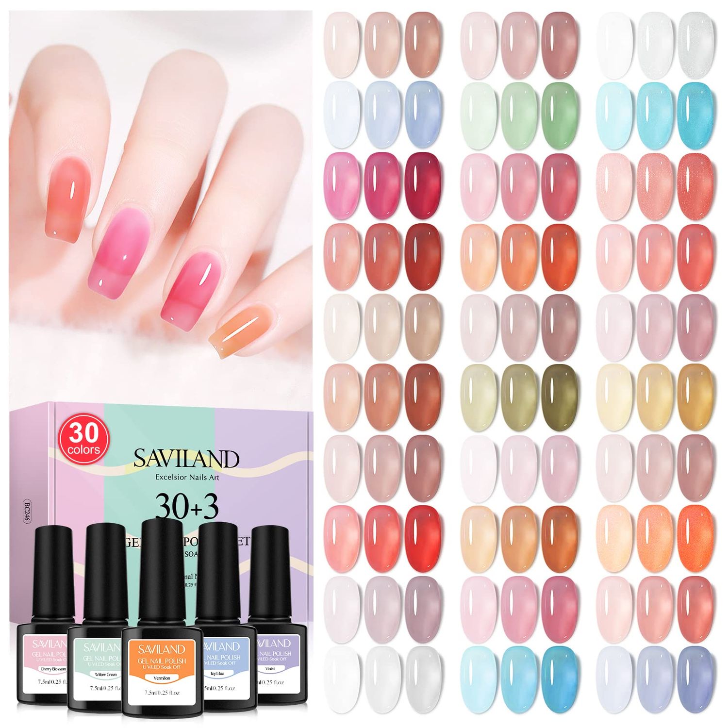 SAVILAND Jelly Gel Nail Polish Set, 30 Colors Translucent Nude Pink Transparent Nail Polish Set with 180 SheerMatteGlossy Effects for Nail Salon DIY Home Christmas Holiday Gift Set