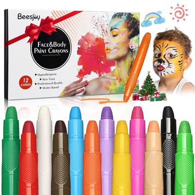 Beesjuy Face Painting Kits for Kids,12 Color Water Based Face Paint Kit, Washable Kids Body Paint for Makeup, for Birthday, Halloween, Thanksgiving Day, Cosplay Makeup, Gifts for KidsChildren