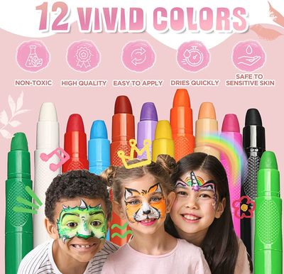 Beesjuy Face Painting Kits for Kids,12 Color Water Based Face Paint Kit, Washable Kids Body Paint for Makeup, for Birthday, Halloween, Thanksgiving Day, Cosplay Makeup, Gifts for KidsChildren