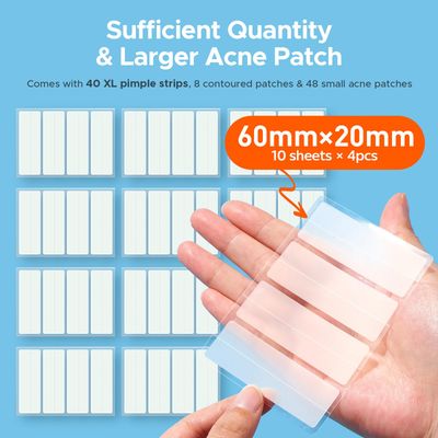 TKTK Large Pimple Patches for Face, XL Acne Patches 60 x 20 mm, Big Hydrocolloid Bandages for Body, Forehead, Chin, Neck Zit Breakouts, Hydrocolloid Patch (Strip, Contoured, Dot 5 Sizes 96 Count)