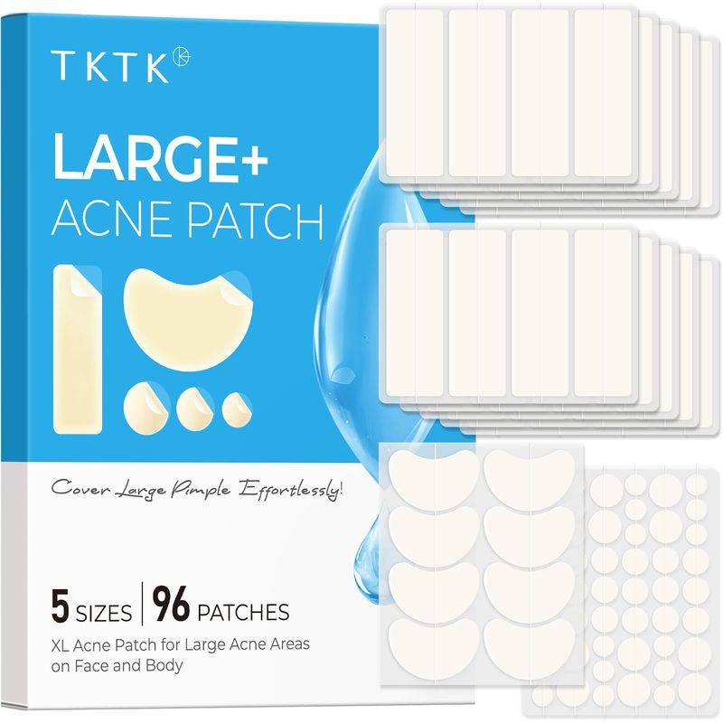 TKTK Large Pimple Patches for Face, XL Acne Patches 60 x 20 mm, Big Hydrocolloid Bandages for Body, Forehead, Chin, Neck Zit Breakouts, Hydrocolloid Patch (Strip, Contoured, Dot 5 Sizes 96 Count)