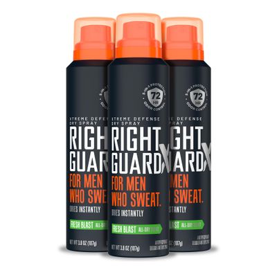 Right Guard Xtreme Defense Antiperspirant &amp; Deodorant Spray | 5-in-1 Protection Dry Spray Deodorant For Men | Blocks Sweat 2X Longer | 72-Hour Odor Control | Fresh Blast Scent, 3.8 oz. (3 count)
