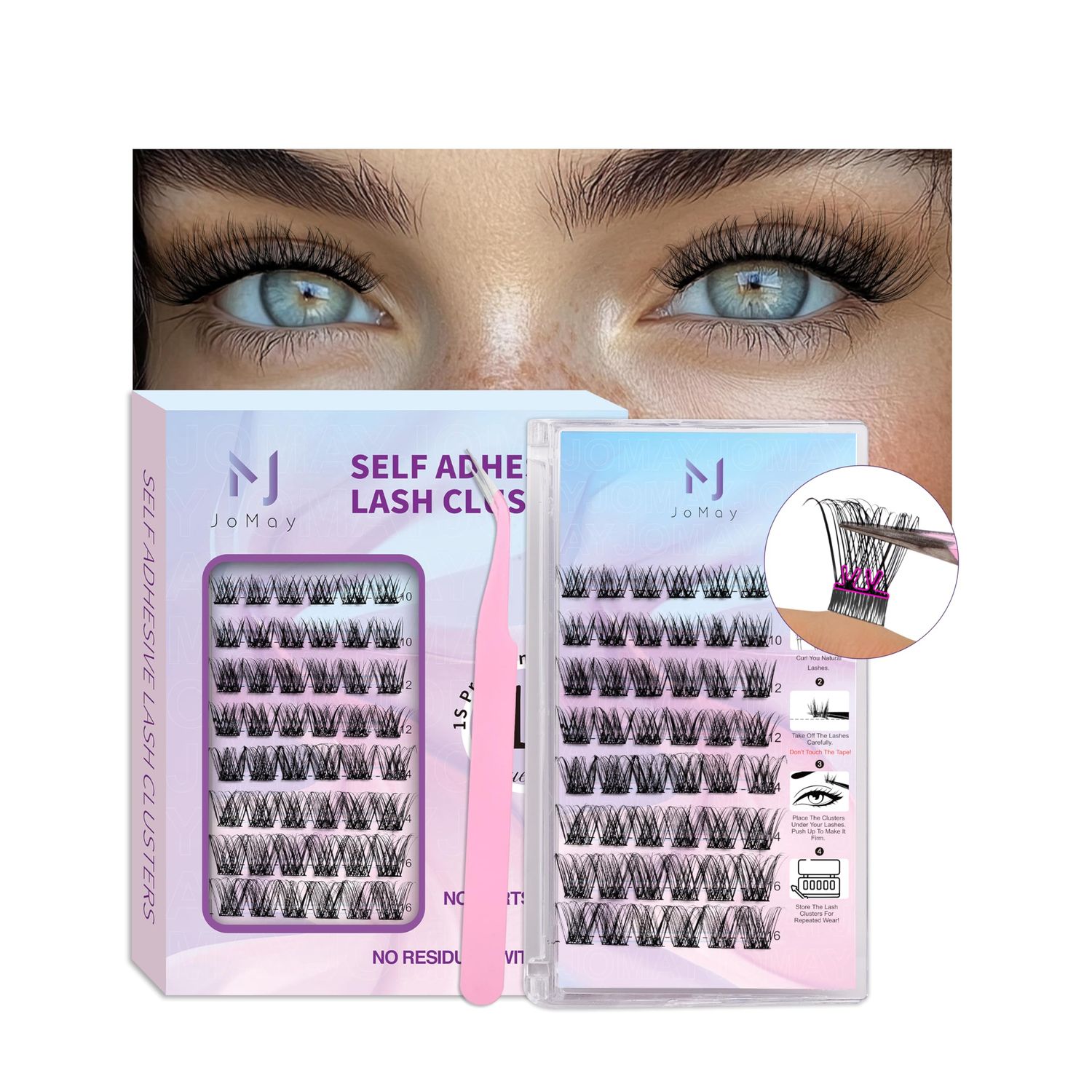 JoMay Self Adhesive Eyelashes Extension Kit 48 PCS Pre-Glued Cluster Lashes D Curl No Glue Eyelashes 10-16mm X01 Press on Lashes No Glue Needed Wispy Lash Clusters 1 Step DIY Lash (X01-10-16MIX)