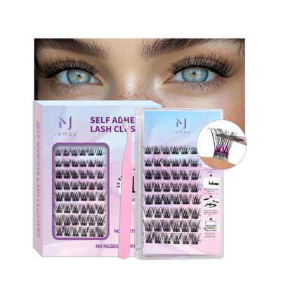 JoMay Self Adhesive Eyelashes Extension Kit 48 PCS Pre-Glued Cluster Lashes D Curl No Glue Eyelashes 10-16mm X01 Press on Lashes No Glue Needed Wispy Lash Clusters 1 Step DIY Lash (X01-10-16MIX)