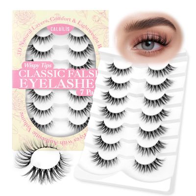 CALAILIS False Eyelashes Natural Look Fake Lashes Wispy 3D Fluffy False Lashes Faux Mink Fake Eyelashes Cat Eye Lashes Soft and Reusable Strip Lashes 7 Pairs (WIS02)