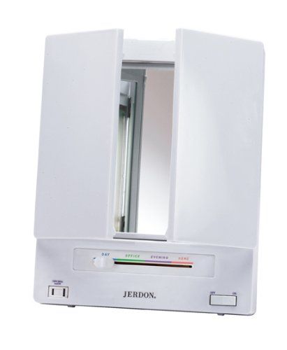 JERDON Tri-Fold Two-Sided Makeup Mirror with Lights - Vanity Mirror with 5X-1X Magnification &amp; Multiple Light Settings - White - Model JGL9W