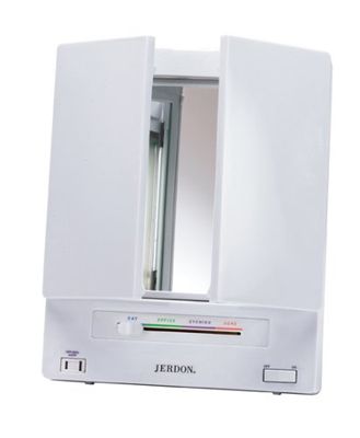 JERDON Tri-Fold Two-Sided Makeup Mirror with Lights - Vanity Mirror with 5X-1X Magnification &amp; Multiple Light Settings - White - Model JGL9W