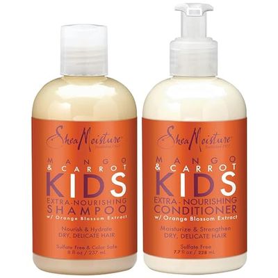 Shea Moisture Mango &amp; Carrot Kids, Extra-Nourishing, Shampoo (8 Oz) and Conditioner (7.7 Oz), Orange Blossom Extract, Dry, Delicate Hair, Vitamin B-5 &amp; Vitamin E, 2 Piece Set