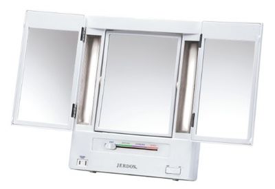 JERDON Tri-Fold Two-Sided Makeup Mirror with Lights - Vanity Mirror with 5X-1X Magnification &amp; Multiple Light Settings - White - Model JGL9W