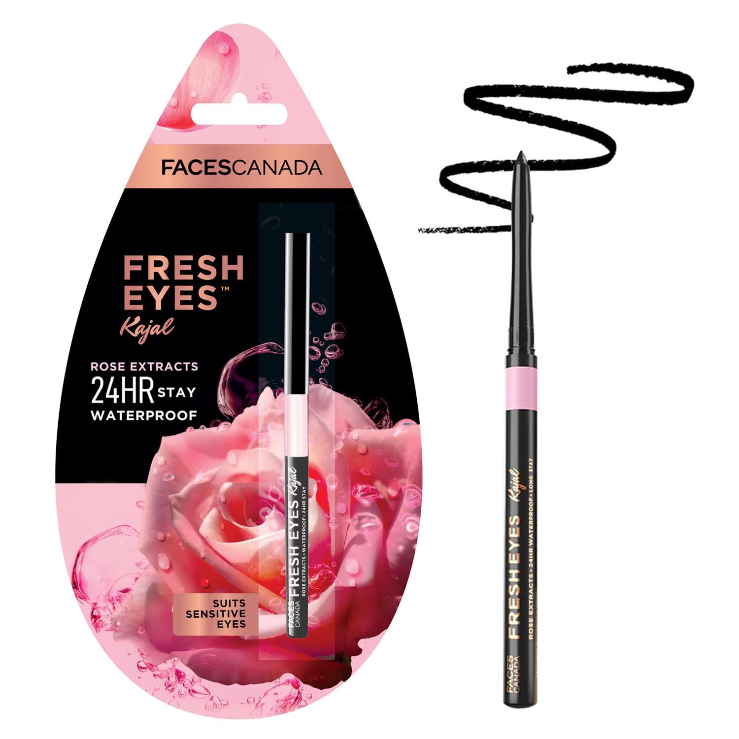 FACESCANADA Fresh Eyes Eyeliner Pencil- Black | 24 HR Long Stay &amp; Lightweight | Waterproof &amp; Smudge Proof | with Rose Extract | Suitable for Sensitive Eyes | 0.01 Oz0.35g