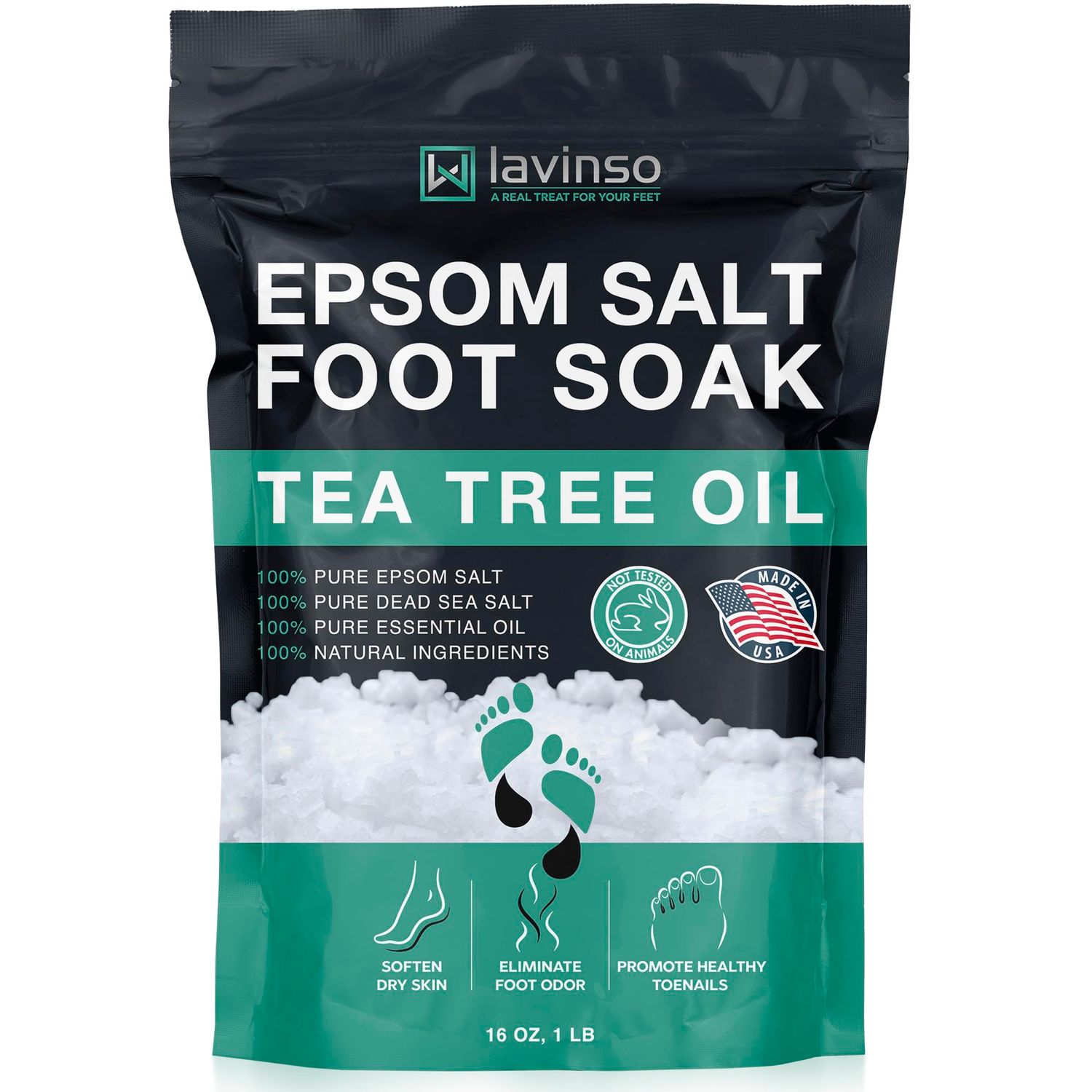Tea Tree Oil Foot Soak with Epsom Salt - Made in USA - for Toenail Health, Athletes Foot, Stubborn Foot Odor, Softens Calluses &amp; Soothes Sore Tired Feet - 1 LB