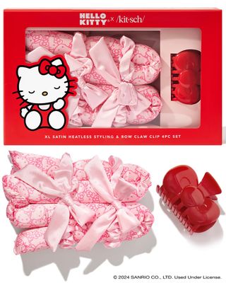 Hello Kitty x Kitsch XL Satin Heatless Styling &amp; Bow Claw Clip | Heatless Curls &amp; Waves, Satin Curling Rod, Iconic Hello Kitty Bow Clip &amp; Scrunchies | Holiday Gift Set for Healthier Hair - 4 Piece Set