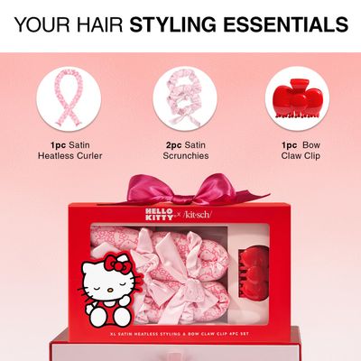Hello Kitty x Kitsch XL Satin Heatless Styling & Bow Claw Clip | Heatless Curls & Waves, Satin Curling Rod, Iconic Hello Kitty Bow Clip & Scrunchies | Holiday Gift Set for Healthier Hair - 4 Piece Set