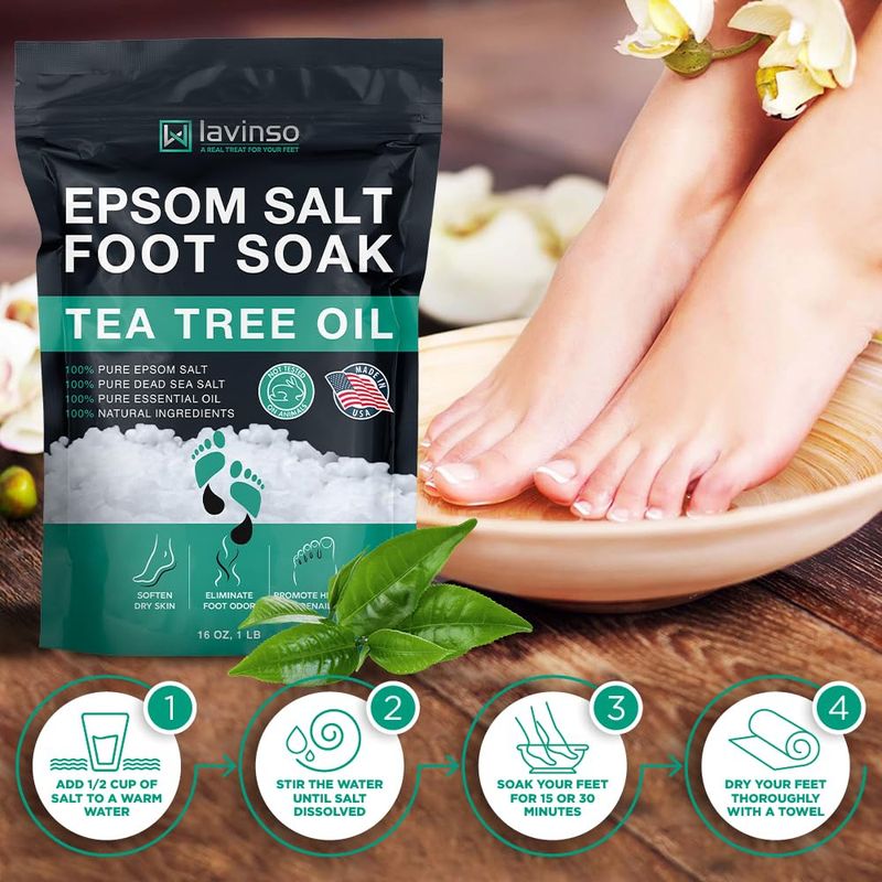 Tea Tree Oil Foot Soak with Epsom Salt - Made in USA - for Toenail Health, Athletes Foot, Stubborn Foot Odor, Softens Calluses &amp; Soothes Sore Tired Feet - 1 LB