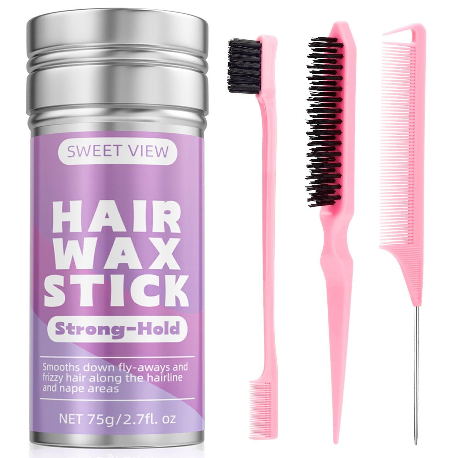 SWEET VIEW Hair Wax Stick &amp; Slick Back Hair Brush Set for Smooth Flyaways, Frizz, Sleek Ponytail, Bun, Styling Accessory for Girls, Kids
