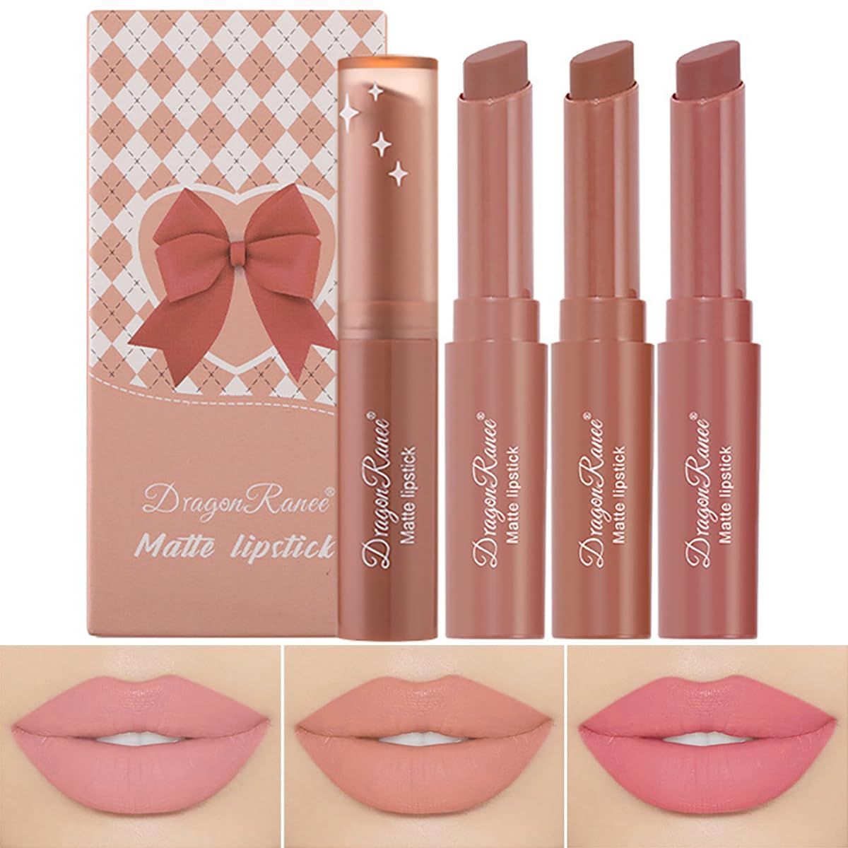 FYEBOO 3 Colors Red Tube Lipstick, Cigarette Lipstick Set, Labiales Mate Velvet Lipstick Moisturizer &amp; Smooth, Long Lasting 24 Hours Waterproof (Set A)