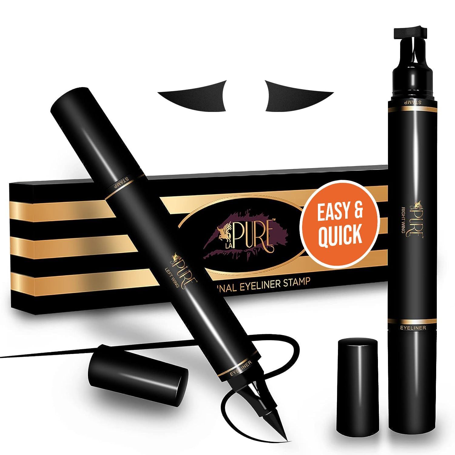 LA PURE Wing Eyeliner Stamp Pens 2x Liquid Cat Eye Winged Eyeliner Stamp &amp; Fine Tipped Pen Eyeliner Stencil Smudge Proof Black Eye Liner Tiktok Trend Items Sweatproof -Black 10mm