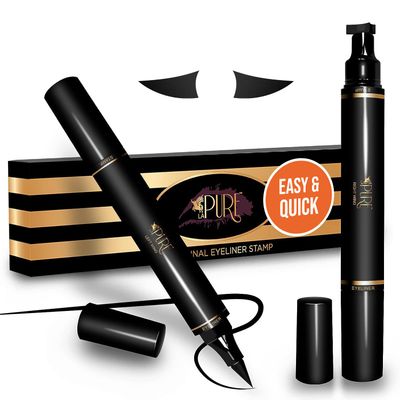 LA PURE Wing Eyeliner Stamp Pens 2x Liquid Cat Eye Winged Eyeliner Stamp &amp; Fine Tipped Pen Eyeliner Stencil Smudge Proof Black Eye Liner Tiktok Trend Items Sweatproof -Black 10mm