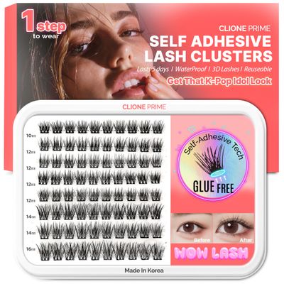 CLIONE PRIME Korean Self Adhesive Lash Clusters Voluminous Look No Glue Press On Pre Bond Lash Clusters Fluffy Self Adhesive False Eyelashes No Glue Needed Reusable Wispy Eyelash Extensions
