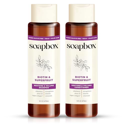 Soapbox Biotin &amp; Superfruit Shampoo &amp; Conditioner Set with Vegan Collagen, Aloe and Shea Butter, Pack of 2 Sulfate Free, Paraben Free, Silicone Free, Color Safe and Vegan Hair Products, 16 Ounces Each