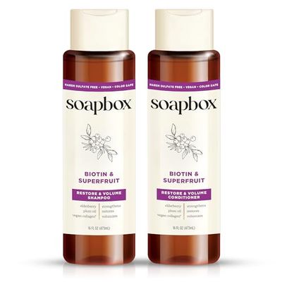 Soapbox Biotin &amp; Superfruit Shampoo &amp; Conditioner Set with Vegan Collagen, Aloe and Shea Butter, Pack of 2 Sulfate Free, Paraben Free, Silicone Free, Color Safe and Vegan Hair Products, 16 Ounces Each