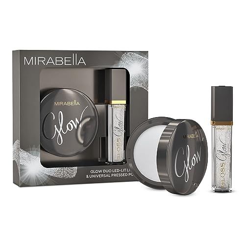 Mirabella Glow Duo, LED Lit Lip Gloss &amp; Hyaluronic Pressed Powder Gift Set - Universal Pressed Powder with LED Light &amp; Mirror - Talc-Free, Paraben &amp; Gluten Free