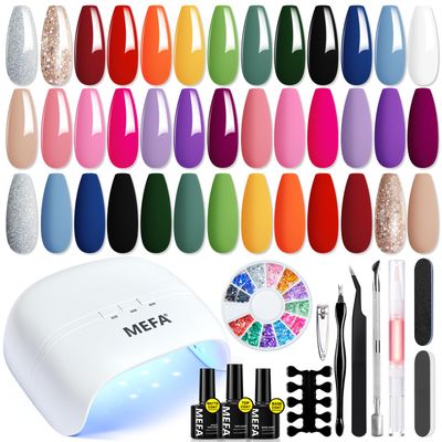MEFA 34 Pcs Gel Nail Polish Kit with U V Light 48W, 20 Colors All Seasons Collection Nude Pink Red Gel Nail Polish Set with Base and MatteGlossy Top Coat Nail Art Manicure Tools DIY Salon Home