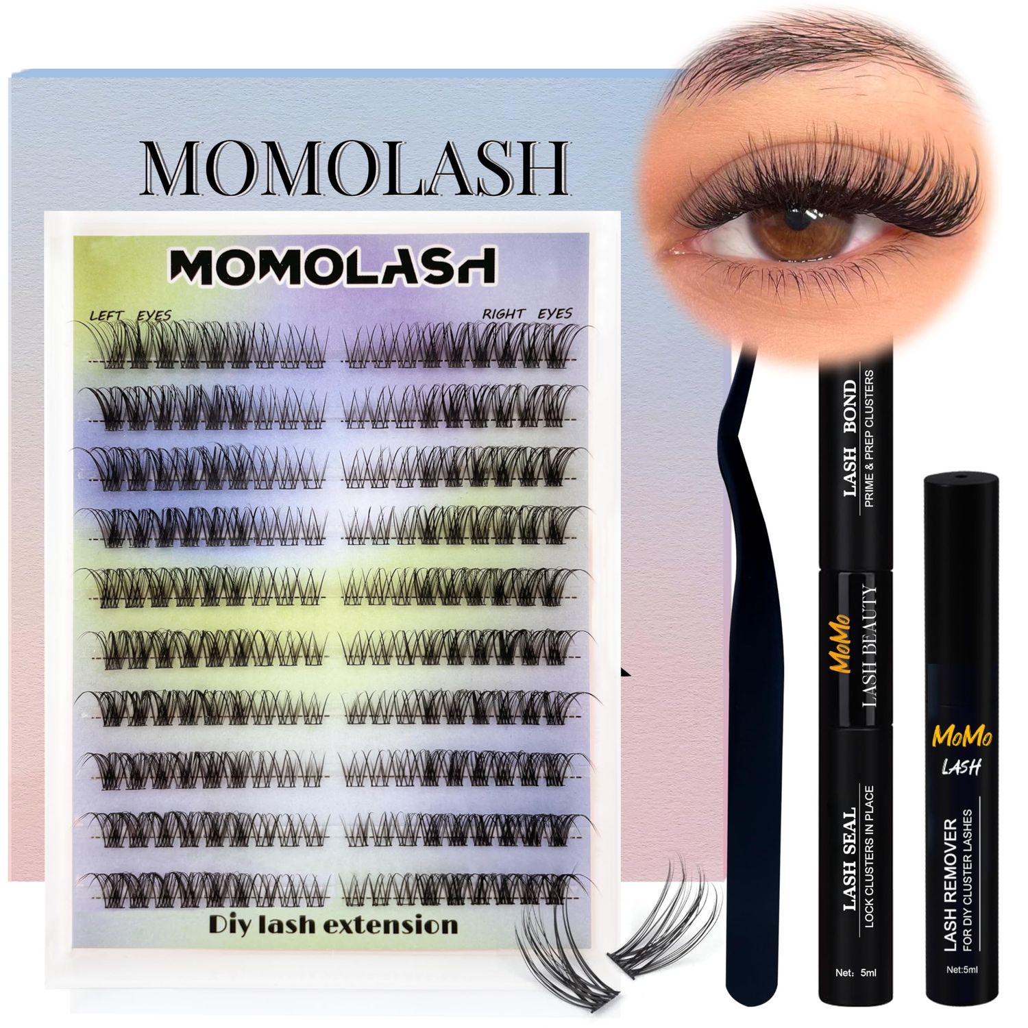 Momolash Natural Lash Clusters Kit Wispy Lashes Extension Kit with Lash Bond and Seal, Eyelash Tweezers, Remover, 180pcs D Curl Left&amp;Right Cat Eye Cluster Eyelashes Extensions Kit DIY At Home
