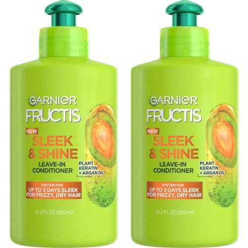 Garnier Fructis Sleek &amp; Shine Leave-In Conditioning Cream for Frizzy, Dry Hair, Plant Keratin  Argan Oil, 10.2 Fl Oz, 2 Count (Packaging May Vary)