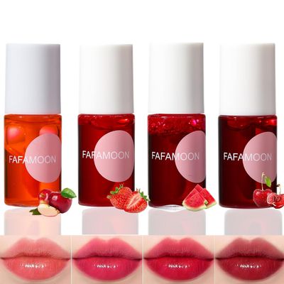 Pakivs 4 Colors Lip Tint Stain Set,Mini Water Lipstick,Korean Lip Gloss Moisturizing Natural,Long Lasting Waterproof,Multi-Use Lip and Cheek Tint(Apple&amp; Strawberry&amp; Watermelon&amp; Cherry)