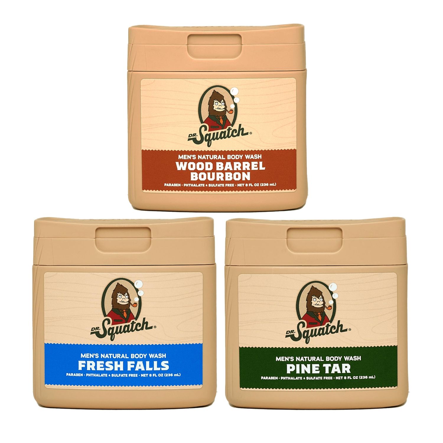 Dr. Squatch NEW Natural Body Wash for Men - Non-Exfoliating - Pine Tar  Wood Barrel Bourbon  Fresh Falls (8 oz, 3 Pack)