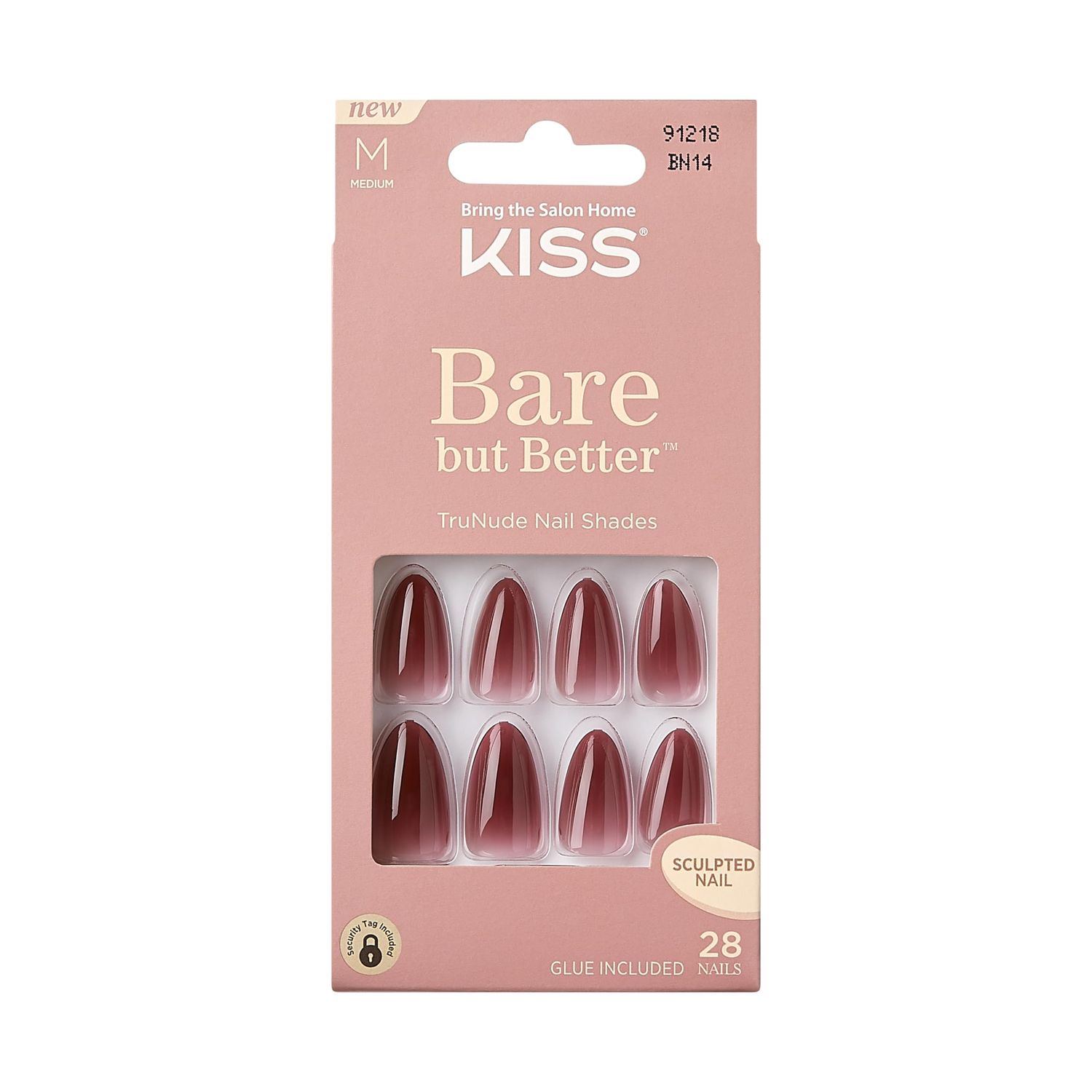 KISS Bare but Better, Press-On Nails, Nail glue included, &#39;Chemistry&#39;, Red, Medium Size, Almond Shape, Includes 28 Nails, 2g Glue, 1 Manicure Stick, 1 Mini file