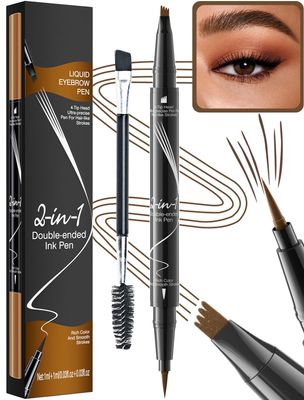 Microblading Eyebrow Pen &amp; Eyeliner - Eyebrow Pencil Magical 2-in-1 Waterproof Eye Brow Pencils for Women with 4-Fork-Tip and Liquid Eyeliner, Create Natural Hair-Like Brows (Light Brown)