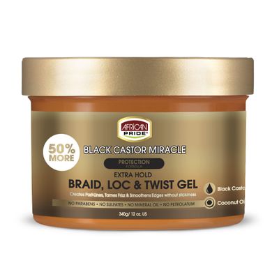 African Pride Black Castor Miracle Extra Hold Braid, Loc, Twist Gel - Tames Frizz &amp; Controls Edges, No Parabens, No Sulfates, No Mineral Oil, No Petrolatum, Contains Black Castor &amp; Coconut Oil, 12 oz