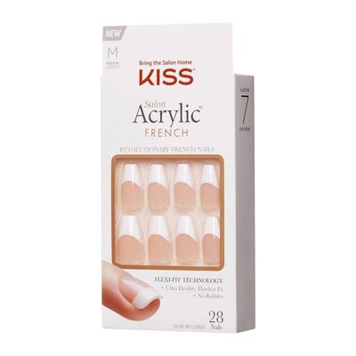 KISS Salon Acrylic French Nail Manicure Set, Medium Length, Square, Je T'aime, Nail Kit Includes Pink Gel Nail Glue (Net Wt. 2 g 0.07oz.), Mini File, Manicure Stick, and 28 Fake Nails