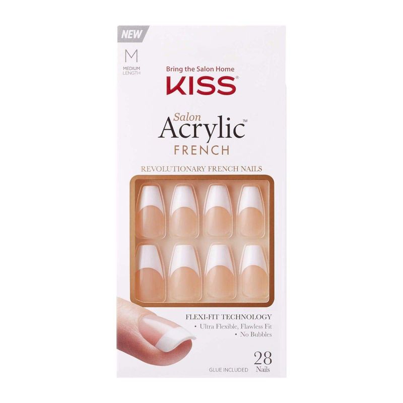 KISS Salon Acrylic French Nail Manicure Set, Medium Length, Square, Je T'aime, Nail Kit Includes Pink Gel Nail Glue (Net Wt. 2 g  0.07oz.), Mini File, Manicure Stick, and 28 Fake Nails