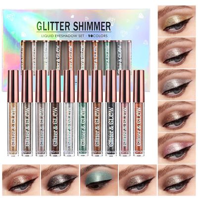 LANGMANNI 10 Pcs Liquid Glitter Eyeshadow Metallic Shimmer Glitter Eyeshadow Sweatproof Makeup Set,Glitter Pressed All Highly Pigmented Blending Powder For Woman &amp; Girl (10pcs)