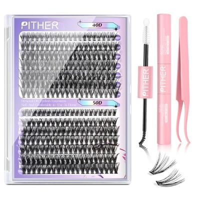 Eyelash Extension Kit, PITHER 280pcs Lash Clusters Kit 10-16mm D Curl Individual Lashes with Lash Bond and Seal and Lash Tweezers (0.07mm 40D 50D)