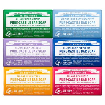 Dr. Bronner&#39;s - Pure-Castile Bar Soap (5 Ounce Variety Gift Pack) Almond, Unscented, Lavender, Peppermint, Citrus, Rose - Made with Organic Oils