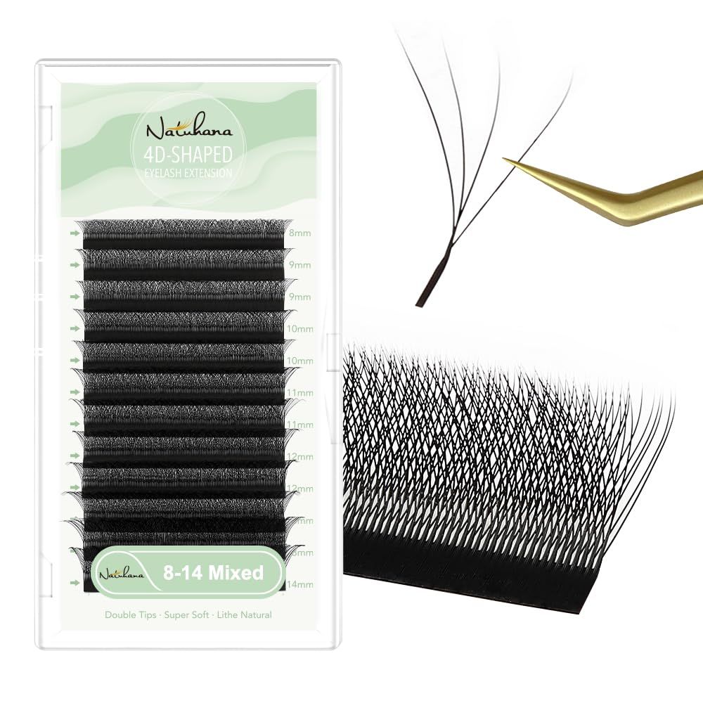 NATUHANA Eyelash Extensions 0.07 D Curl 8-14mm W Shaped Clover Classic Easy Fan Permanent Volume Lash Extensions Automatic Blooming Flower Lash,Professional Supplies for Lash Techs(4D,0.07-D,8-14 Mix)