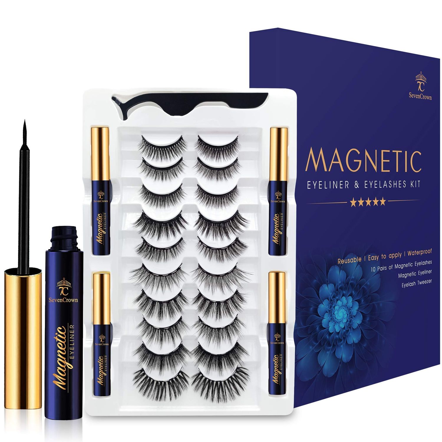 7C SevenCrown Magnetic Eyelashes with Eyeliner Kit - Magnetic Lashes Natural Looking,Upgraded Long Lasting,10 Pairs 3D Reusable 5 Magnet False Eyelashes with Applicator, Easy to Apply.