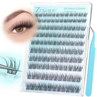 Natural Self Adhesive Eyelashes Clusters Kit Self Adhesive Lashes Clusters Reusable Wispy Cluster eyelashes Extension No Glue Needed CD Curl Individual Lashes Kit With Tweezers 10-16MM by Zegaine
