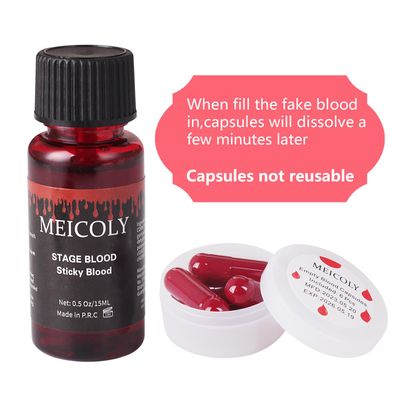 MEICOLY Fake Blood Washable,Edible Stage Blood with 6 Capsules,0.5 Oz Realistic Drips Sticky Fake Blood with Brush,Halloween,Cosplay,Wound Bites SFX Makeup,Safe for Mouth,Teeth,Nosebleed,Bright