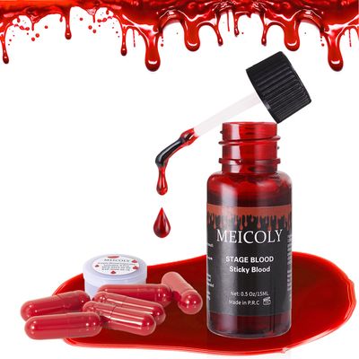 MEICOLY Fake Blood Washable,Edible Stage Blood with 6 Capsules,0.5 Oz Realistic Drips Sticky Fake Blood with Brush,Halloween,Cosplay,Wound Bites SFX Makeup,Safe for Mouth,Teeth,Nosebleed,Bright