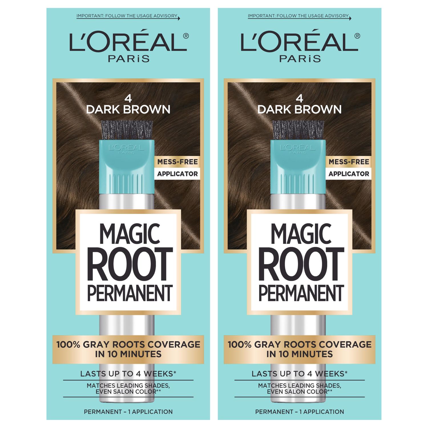 L&#39;Oreal Paris Magic Root Rescue 10 Minute Root Hair Coloring Kit, Permanent Hair Color with Quick Precision Applicator, 100 percent Gray Coverage, 4 Dark Brown, 2 count