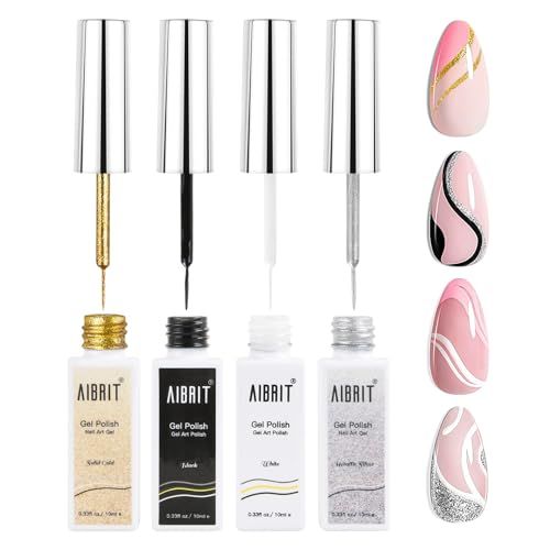 Gel Liner Art Polish Set 10ml, 4 Colors Black White Gold Silver Design Paint with Thin Brush in Bottle for Swirl Euphoria French Tips Manicure Painting DIY at Home