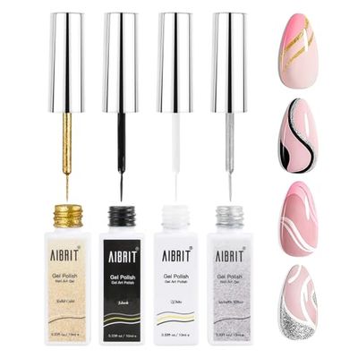 Gel Liner Art Polish Set 10ml, 4 Colors Black White Gold Silver Design Paint with Thin Brush in Bottle for Swirl Euphoria French Tips Manicure Painting DIY at Home